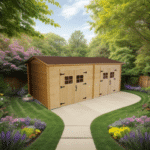 casetta tavole ad  incastro, 28 mm, senza pavimento, con parete di separazione interna per 2 vani 3,5 X 6,0 m