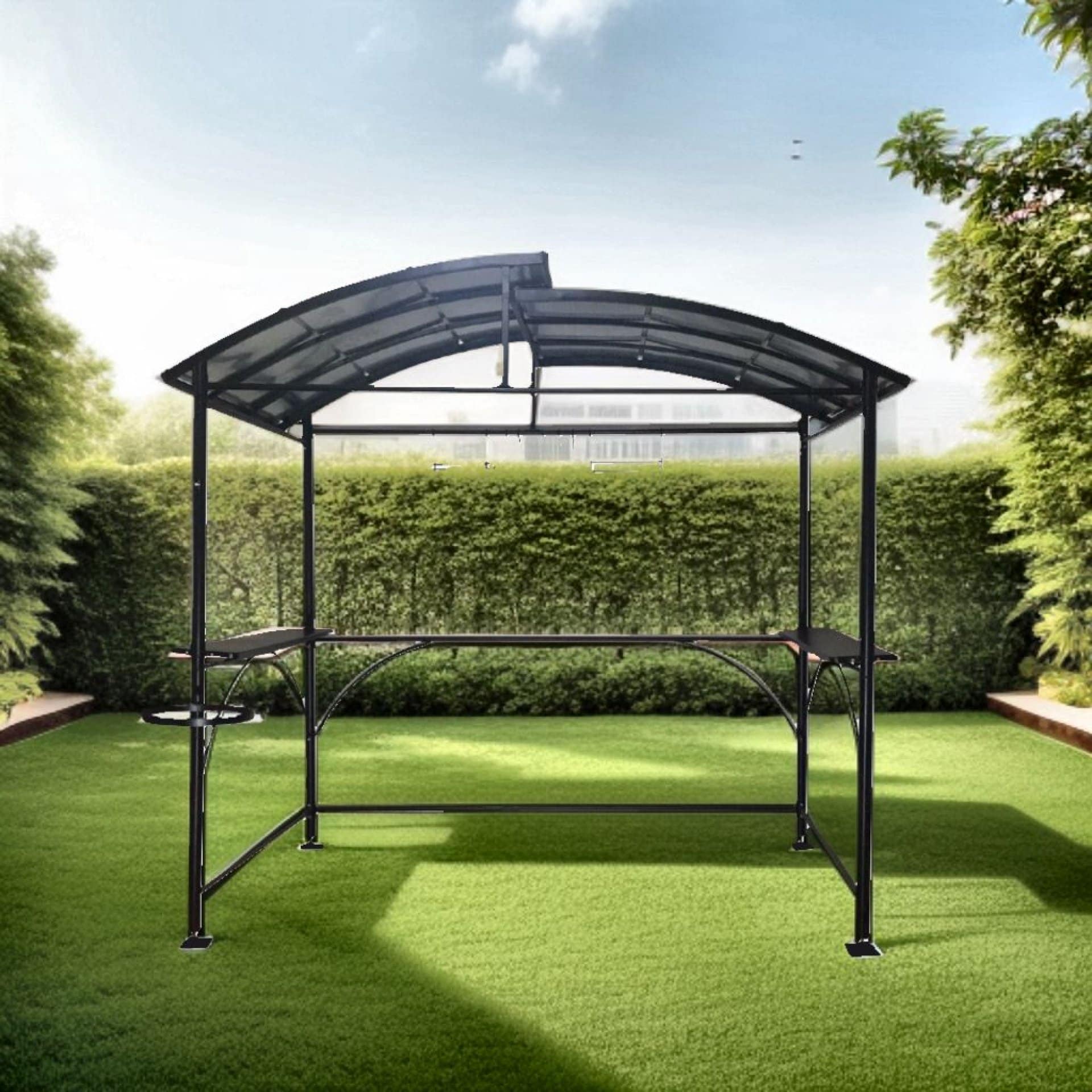 75cc16cf3b72457c859b66a9a9b8.jpg Tettoia per Barbecue in acciaio con accessori : 5 ganci per utensili, 1 gancio appendiabiti, 2 ripiani laterali, piedini regolabili 2,40 x 1,50 x 2,30m - immagine 1
