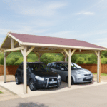 Tettoia  2 postI auto - spiovente doppio 19° = 35% travicelli legno massello, tegole canadesi  colori: verde, rosso, nero3,90 x 5,86 m  4,50 x 6,32 x 3,38 m  peso kg 1.230