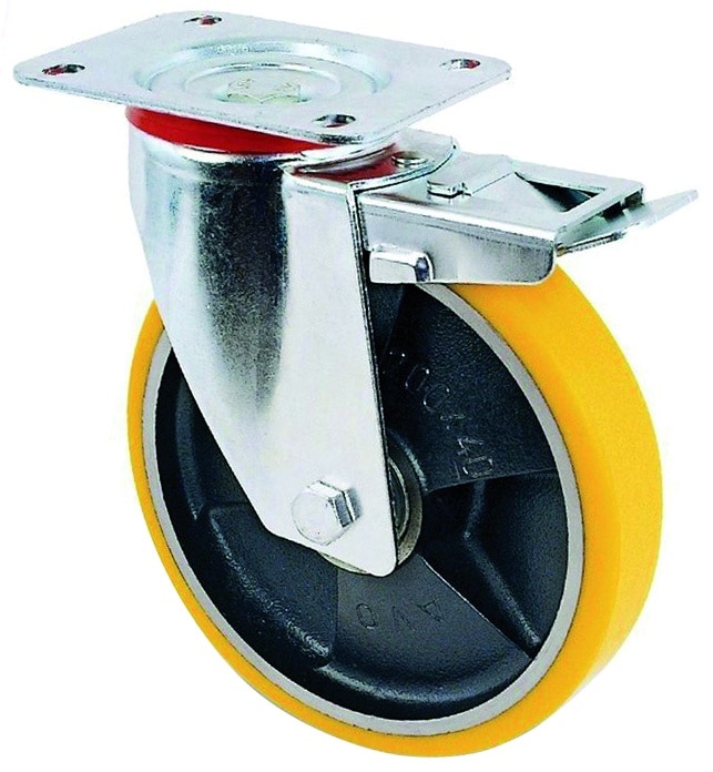 124761.jpg Avo RUOTA GIREVOLE PER CARRELLI POLIURETANO+FRENO art.24ANT mm.200-piastra mm.100x85 - immagine 1