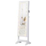 Armadio Portagioielli Portagioie Specchio Regolabile 20 Luci LED, Legno, Bianco, 40x37x146 cm