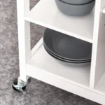 Carrello da Cucina Salvaspazio in MDF con Piano di Lavoro in Legno di Gomma, Cassetto, Armadietto, 3 Mensole, Ripiani Regolabili, Porta Strofinacci e Ruote Girevole, 66x39,5x86,5cm, Bianco - immagine 2