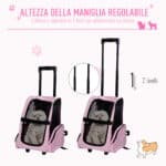 Trasportino Zaino 2 in 1 per Cani e Gatti con Tasche Laterali, Maniglia Telescopica e Ruote, 42x25x55cm, Rosa - immagine 5