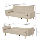 Divano Letto 3 Posti con Schienale Regolabile su 3 Livelli, 2 Cuscini e Braccioli Rimovibili, Beige, 185x84x85cm - immagine 3