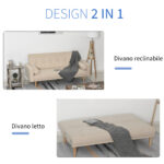 Divano Letto 3 Posti con Schienale Regolabile su 3 Livelli, 2 Cuscini e Braccioli Rimovibili, Beige, 185x84x85cm - immagine 4