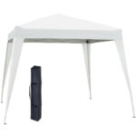 Gazebo Pieghevole da Giardino 2,4x2,4m con Struttura in Acciaio e Corde Antivento, Bianco