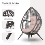 Poltrona da Esterno in Rattan a Goccia Stile Boho con Cuscino, 101x89x156cm Grigio e Beige - immagine 4