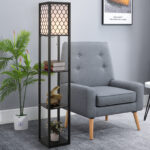 Lampada da Terra 2 in 1 Salvaspazio con 3 Ripiani, Lampada Moderna da Salotto, Soggiorno e Ufficio, Attacco E27, 26 x 26 x 160 cm, Nero Bianco - immagine 2