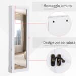 Specchio Portagioie da Parete con Ganci e Scompartimenti in Legno, Armadietto Portagioie con Specchio per Orecchini, Collane e Anelli, 37x9,5x112 cm, Bianco - immagine 6
