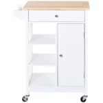 Carrello da Cucina Salvaspazio in MDF con Piano di Lavoro in Legno di Gomma, Cassetto, Armadietto, 3 Mensole, Ripiani Regolabili, Porta Strofinacci e Ruote Girevole, 66x39,5x86,5cm, Bianco - immagine 5