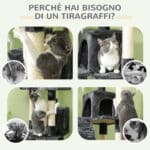 Albero Tiragraffi per Gatti con 3 Posatoi, 2 Casette e Giochi Appesi, in Legno e Peluche, 49x49x173 cm, Grigio - immagine 7