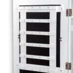 Specchio Portagioie da Parete con Ganci e Scompartimenti in Legno, Armadietto Portagioie con Specchio per Orecchini, Collane e Anelli, 37x9,5x112 cm, Bianco - immagine 8