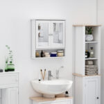 Mobiletto Armadietto a Muro con Specchio da Bagno Cucina in MDF 56 x 13 x 58cm Bianco - immagine 2