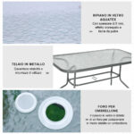 Tavolo da Giardino con Foro per Ombrellone, Arredamento da Esterno in Metallo e Vetro 140x80x70cm Grigio - immagine 4