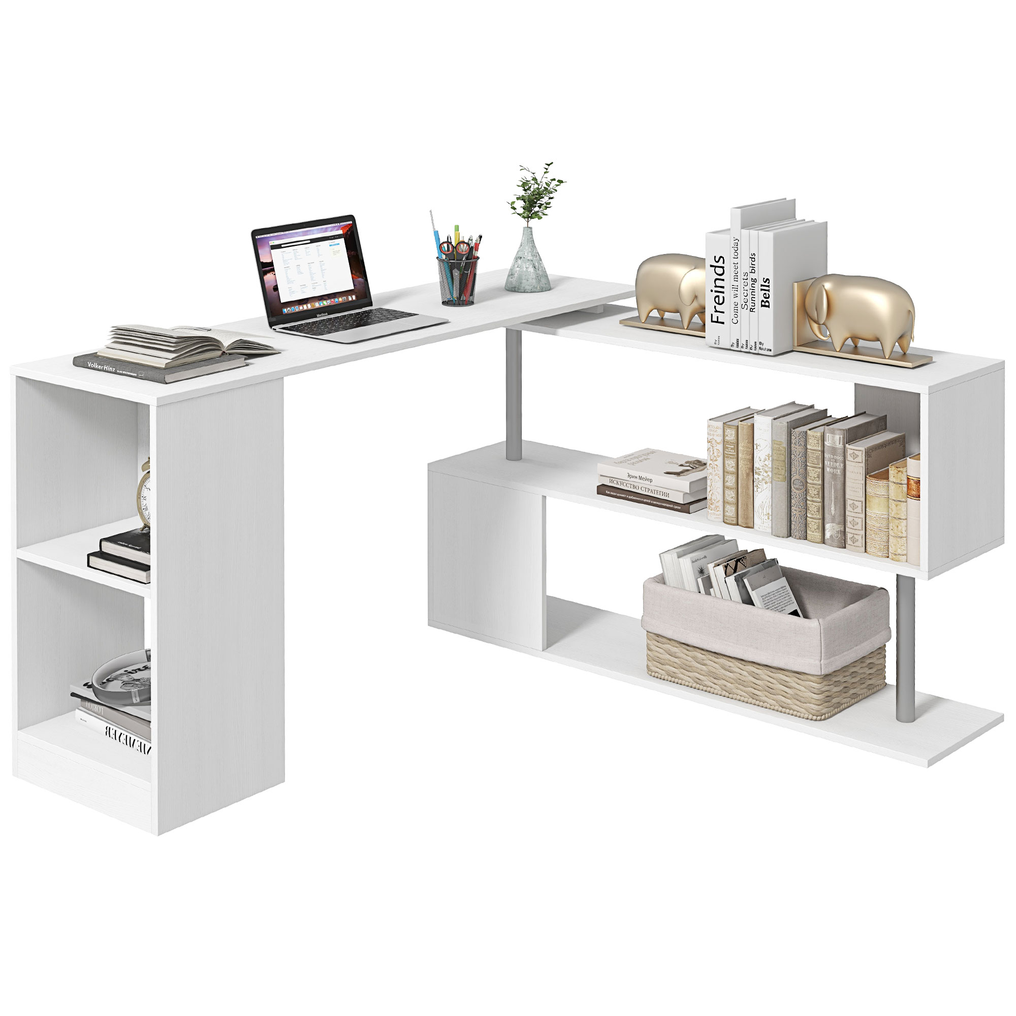 OIn8e019493f92875.jpg Scrivania Moderna, Angolare e Girevole con Libreria, Tavolo da Pranzo in Truciolato Bianco, 140x120x78 cm - immagine 1