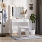 Postazione Trucco, Toeletta Trucco con Specchio, 12 Luci LED, Sgabello Imbottito e Ampio Cassetto in Legno, 80x40x140 cm, Bianco - immagine 2