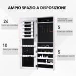 Specchio Portagioie da Parete con Ganci e Scompartimenti in Legno, Armadietto Portagioie con Specchio per Orecchini, Collane e Anelli, 37x9,5x112 cm, Bianco - immagine 5