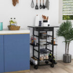 Carrello da Cucina con Cassetto, 4 Cesti di Frutta Estraibili e Piano in Ceramica, Carrello Cucina Salvaspazio con 4 Ripiani Laterali in Legno di Pino e Metallo, 57x37x83 cm, Nero - immagine 2