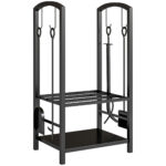 Portalegna per Camino in Acciaio, Scaffale per legna da ardere con Set Attrezzi, con Paletta, Scopa, Attizzatoio e Pinza, Nero | Aosom Italy