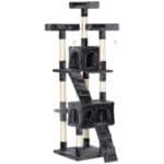 Albero Tiragraffi per Gatti con 3 Posatoi, 2 Casette e Giochi Appesi, in Legno e Peluche, 49x49x173 cm, Grigio