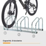 Rastrelliera Portabiciclette Parcheggio per 3 Biciclette Tubi d'acciaio - immagine 4