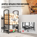 Portalegna per Camino in Acciaio, Scaffale per legna da ardere con Set Attrezzi, con Paletta, Scopa, Attizzatoio e Pinza, Nero | Aosom Italy - immagine 4