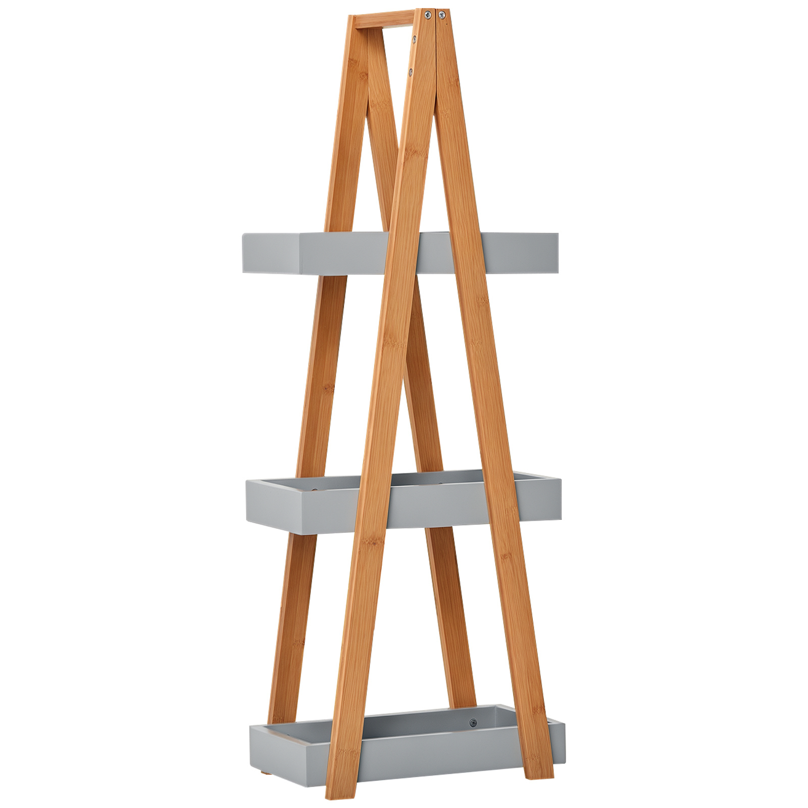 bK9b491983f1f4d88.png Scaffale Salvaspazio da Bagno in MDF e Bambù, Forma a Piramide con 3 Mensole, Color Legno e Grigio, 30x18x81cm - immagine 1