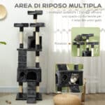 Albero Tiragraffi per Gatti con 3 Posatoi, 2 Casette e Giochi Appesi, in Legno e Peluche, 49x49x173 cm, Grigio - immagine 6