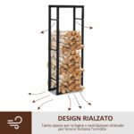 Porta legna per Camino in metallo, Scaffale per legna da ardere, per interno e esterno, 60 × 25 × 150cm, Nero| Aosom Italy - immagine 4
