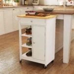 Carrello da Cucina Salvaspazio in MDF con Piano di Lavoro in Legno di Gomma, Cassetto, Armadietto, 3 Mensole, Ripiani Regolabili, Porta Strofinacci e Ruote Girevole, 66x39,5x86,5cm, Bianco - immagine 7