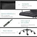 Sedia da Ufficio Ergonomica in pelle PU Nero, Sedia da Studio con 5 Ruote Girevoli, Imbottitura e Altezza Regolabile, 52,5x54x84-99cm - immagine 6