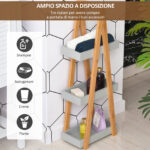 Scaffale Salvaspazio da Bagno in MDF e Bambù, Forma a Piramide con 3 Mensole, Color Legno e Grigio, 30x18x81cm - immagine 5