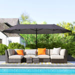 Ombrellone Doppio da Giardino 4,6x2,7 m a 12 Stecche con Prese d'Aria e Manovella, Ombrellone per Esterni in Acciaio e Poliestere, Anti UV, Grigio - immagine 9