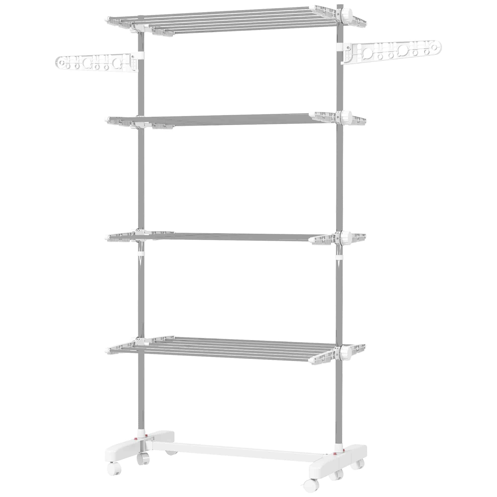 o4J6a8193529beb92.jpg Stendino Verticale Pieghevole in Acciaio e Plastica con 6 Ruote e 4 Ripiani Regolabili, 142x55x172 cm - immagine 1