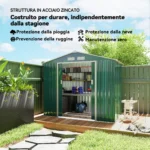 Casetta da Giardino Porta Utensili in Lamiera con Porte Scorrevoli, 213x130x185cm, Verde - immagine 8