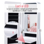 Armadio Portagioie Portagioielli con Specchio Regolabile e Illuminazione LED, Legno, Bianco, 30x146x36 cm - immagine 6
