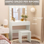 Postazione Trucco, Toeletta Trucco con Specchio, 12 Luci LED, Sgabello Imbottito e Ampio Cassetto in Legno, 80x40x140 cm, Bianco - immagine 4