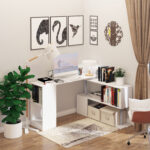 Scrivania Moderna, Angolare e Girevole con Libreria, Tavolo da Pranzo in Truciolato Bianco, 140x120x78 cm - immagine 2