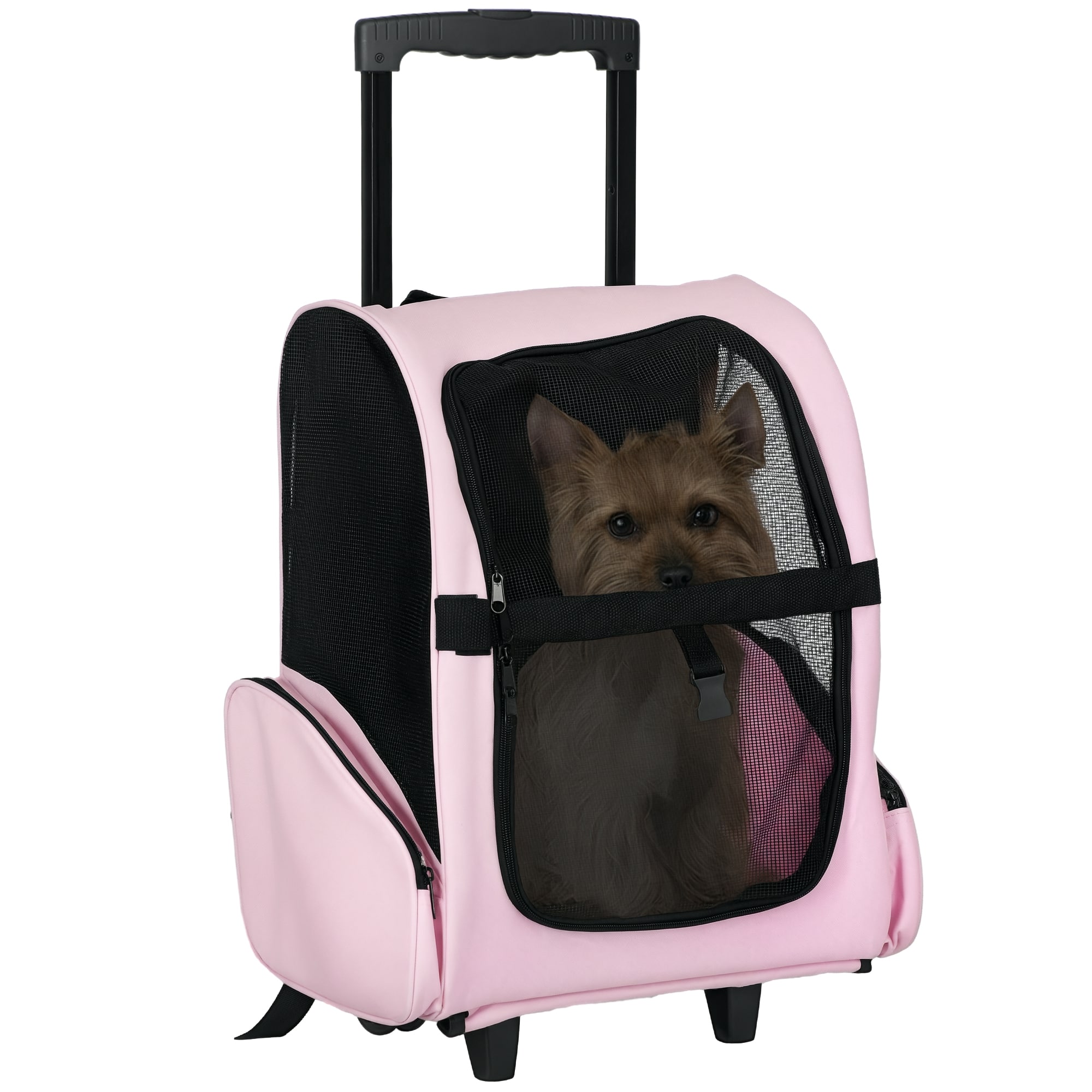 tiR6781980abe9438.jpg Trasportino Zaino 2 in 1 per Cani e Gatti con Tasche Laterali, Maniglia Telescopica e Ruote, 42x25x55cm, Rosa - immagine 1