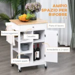Carrello da Cucina Salvaspazio in MDF con Piano di Lavoro in Legno di Gomma, Cassetto, Armadietto, 3 Mensole, Ripiani Regolabili, Porta Strofinacci e Ruote Girevole, 66x39,5x86,5cm, Bianco - immagine 11