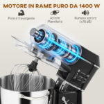 Impastatrice Planetaria 14W con Ciotola 7L e 6 Velocità, Gancio Impastatore, Frusta e Sbattitore, Nero - immagine 4