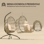 Poltrona Sospesa a Uovo con Gancio Regolabile, 2 Cuscini e Cesto Pieghevole, 120x88x192 cm, Cachi - immagine 5