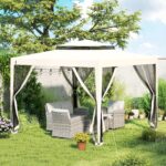 Gazebo da Giardino 3x3 m con Zanzariera, Doppio Tetto e 8 Fori, in Acciaio e Poliestere Bianco Crema - immagine 9
