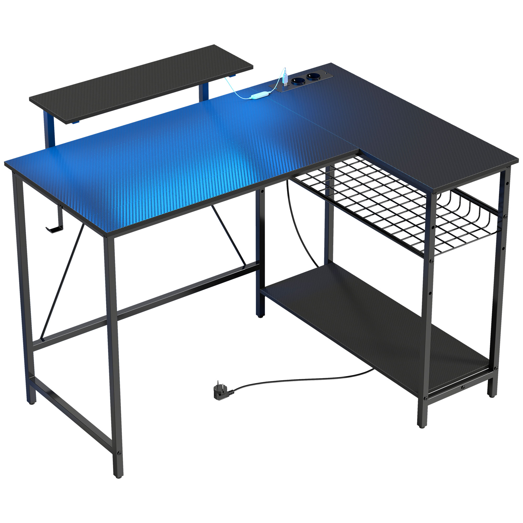 0N122b19c1c39aef1.jpg Scrivania Gaming Angolare con LED, Prese Elettriche, Supporto per Monitor e Scaffale, Nero - immagine 1