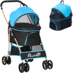 Passeggino per Cani Convertibile con 2 Guinzagli e Cuscino, in Acciaio e Poliestere, 82x49,5x98 cm, Azzurro e Nero