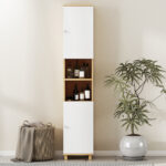 Colonna Bagno con 2 Armadietti e Ripiani Aperti, Mensole Interne Regolabili, 30x30x166 cm, Bianco e Legno - immagine 7