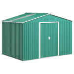 Casetta Porta Attrezzi in Acciaio con Tetto Inclinato e 2 Porte Scorrevoli, 277x195x192 cm, Verde Scuro