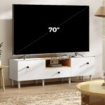 Mobile TV 70" max con 2 Ante a Ribalta, Cassetto e Scaffale Aperto, in Legno, 150x35x45 cm, Bianco e color Legno - immagine 5