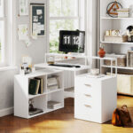 Scrivania Ufficio con 2 Tavoli, 4 Ripiani, 3 Cassetti e Supporto per Monitor, in Legno, 138,5x90x92 cm, Bianco - immagine 2