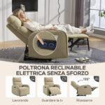 Poltrona Reclinabile Elettrica in Ciniglia con Poggiapiedi, Poggiatesta Regolabile e Prese, 80x93x103 cm, Beige - immagine 4